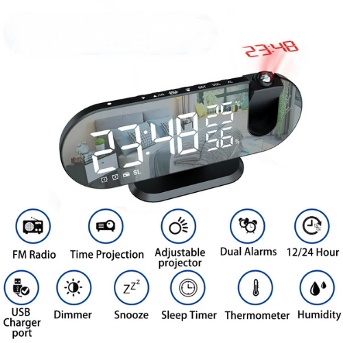 Spiegel LED Display Radio Wekker met Projectie en USB Charger